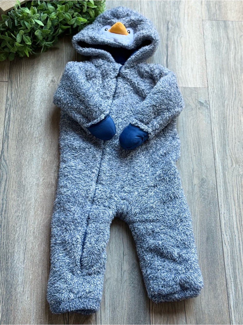 Koala Kids Gray Blue Plush Hooded Penguin Footie with Navy Mitts
